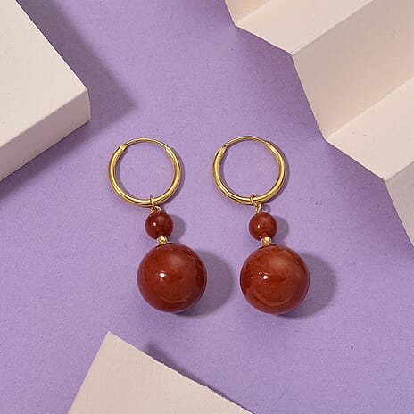 D'Joy Red Jade Beads Hoop Earring in Yellow Gold Plated Sterling Silver 30.00 Ct.
