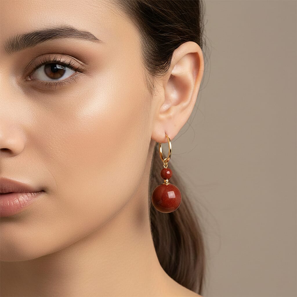 D'Joy Red Jade Beads Hoop Earring in Yellow Gold Plated Sterling Silver 30.00 Ct.