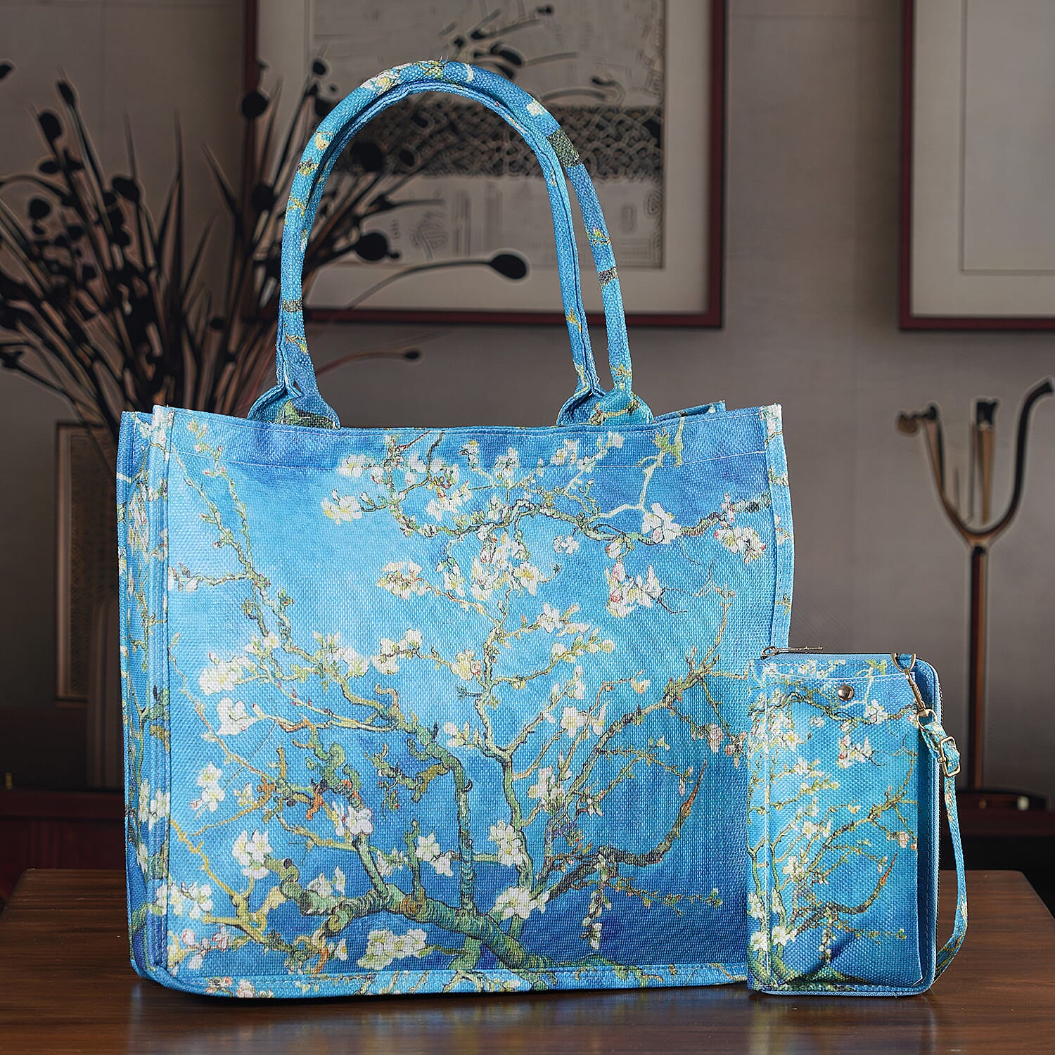Set of 2 - Van Gogh Almond Blossom Tote Bag & Cellphone Purse - Blue & Multi