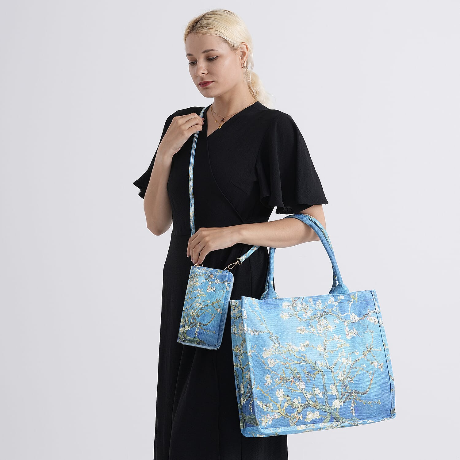 Set of 2 - Van Gogh Almond Blossom Tote Bag & Cellphone Purse - Blue & Multi