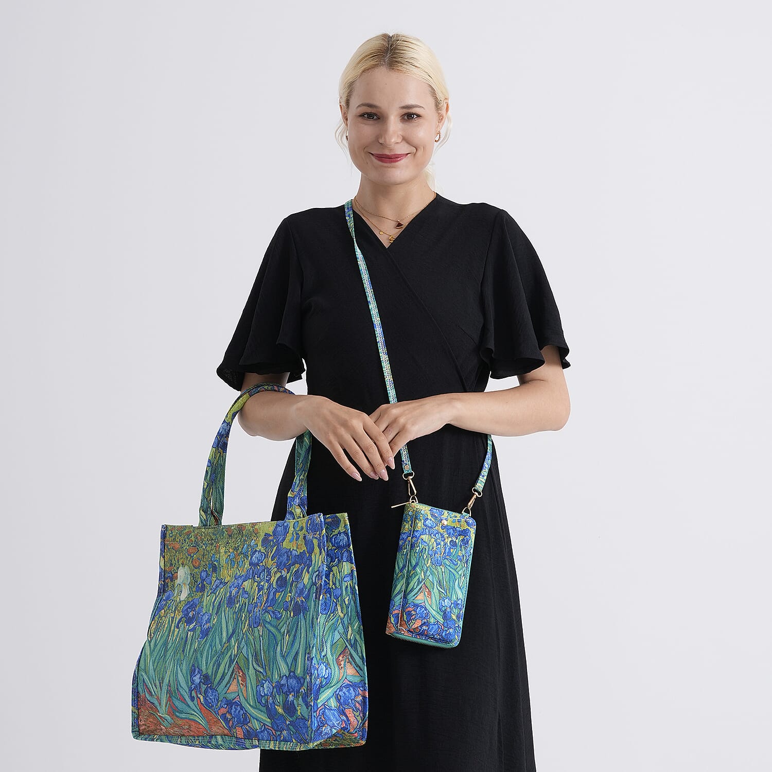 Set of 2 - Van Gogh Irises Tote Bag & Cellphone Purse - Blue & Multi