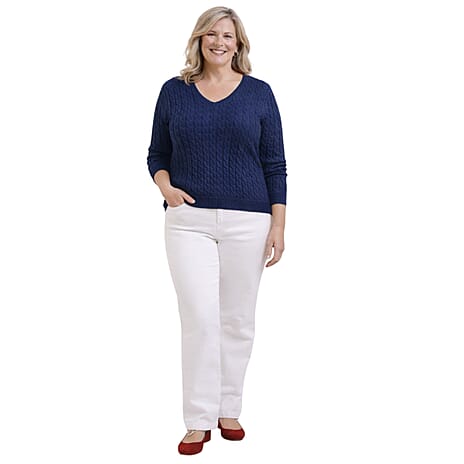 Pure And Natural V-Neck Cable Jumper (Size XL, Fit 20 to 22) - Blue