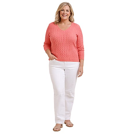 Pure And Natural V-Neck Cable Jumper (Size 16 to 18) - Sweet Coral