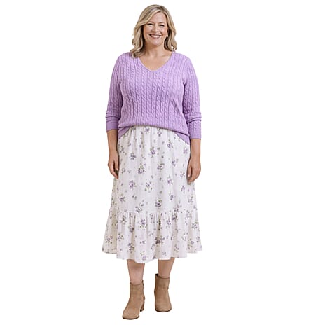 Pure And Natural V-Neck Cable Jumper (Size M, Fit 12 to 14) - Lilac