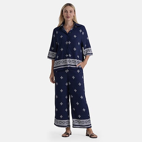 La Marey Placement Print Trousers (Size S-M, 8 To 14) - Navy Blue & White