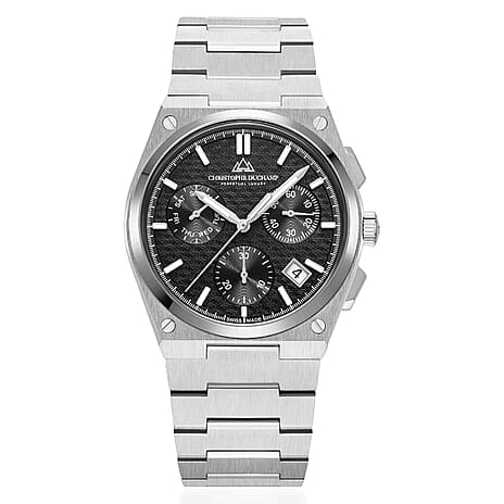 CHRISTOPHE DUCHAMP Attitude Chrono Swiss Quartz 10ATM WR Black Dial - Silver Case Mens Watch with Silver Stainless Steel Chain Strap