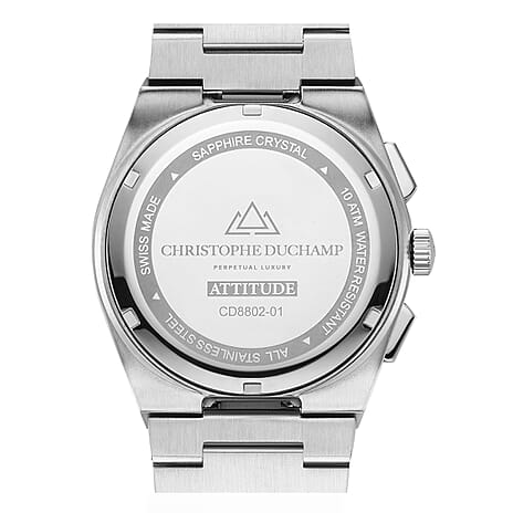 CHRISTOPHE DUCHAMP Attitude Chrono Swiss Quartz 10ATM WR Black Dial - Silver Case Mens Watch with Silver Stainless Steel Chain Strap