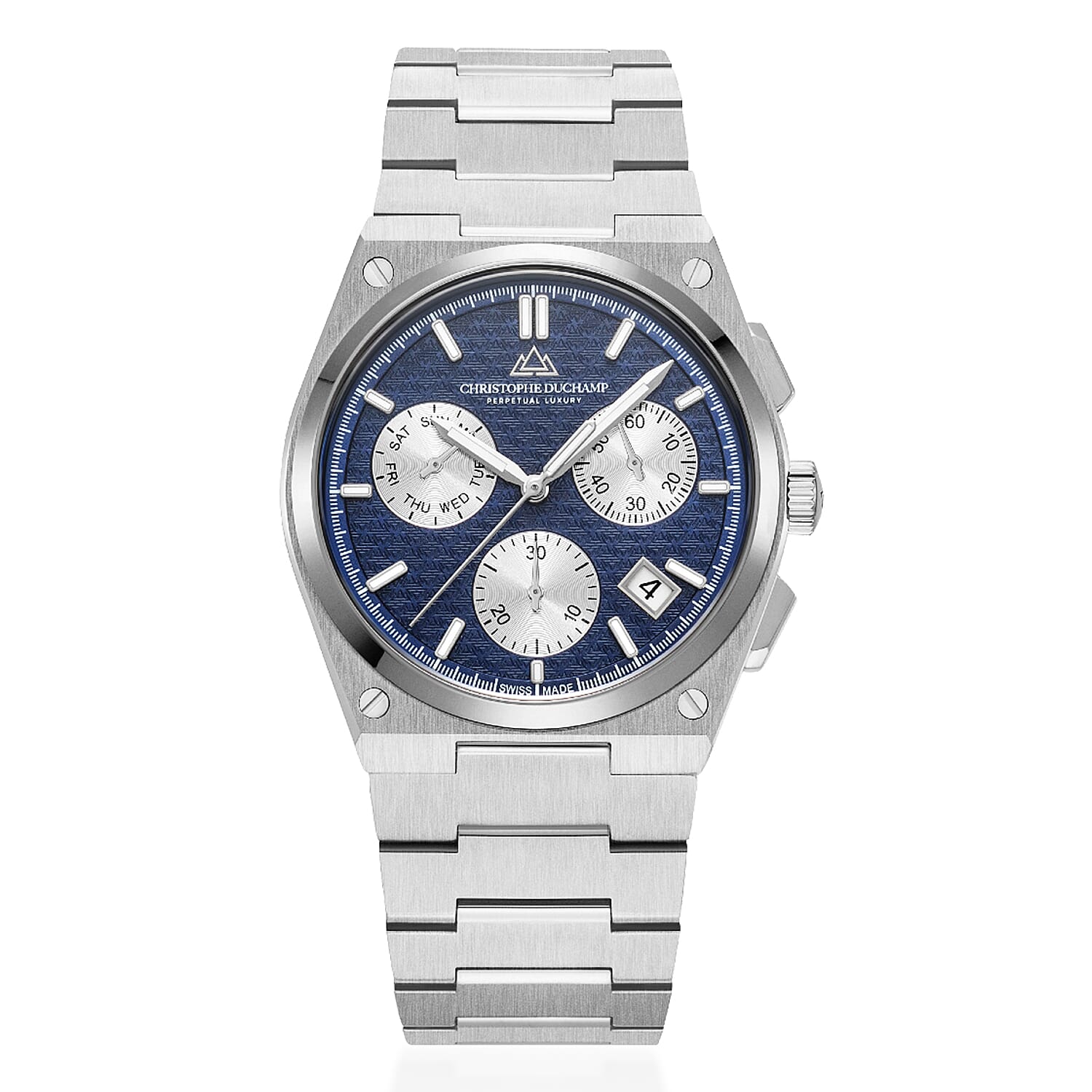 CHRISTOPHE DUCHAMP Attitude Chrono Swiss Quartz 10ATM WR Blue Dial - Silver Case Mens Watch with Silver Chain Strap