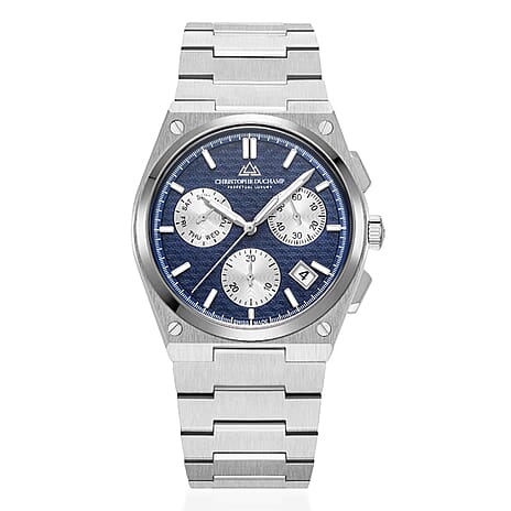 CHRISTOPHE DUCHAMP Attitude Chrono Swiss Quartz 10ATM WR Blue Dial - Silver Case Mens Watch with Silver Chain Strap