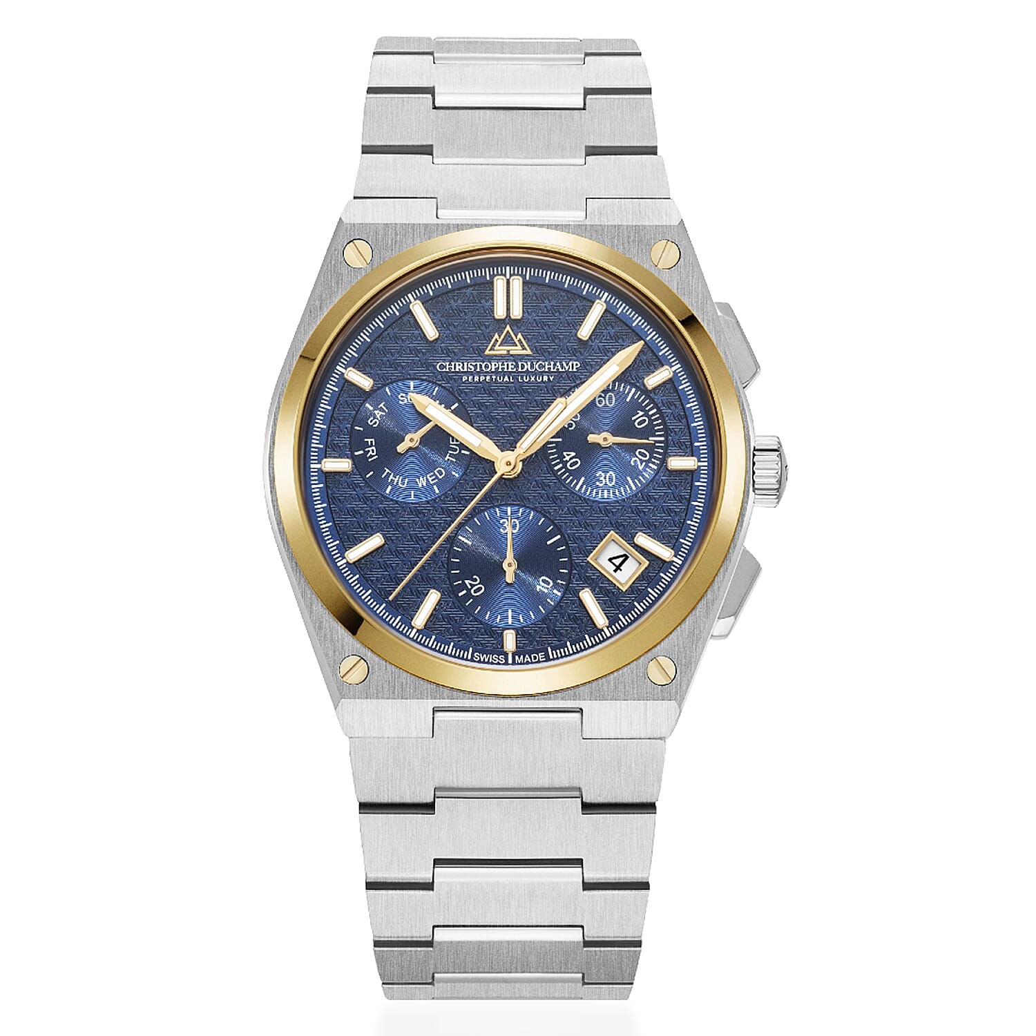 CHRISTOPHE DUCHAMP Attitude Chrono Swiss Quartz 10ATM WR Blue Dial & Two-Tone Case Mens Watch with Two-Tone Stainless Steel Strap