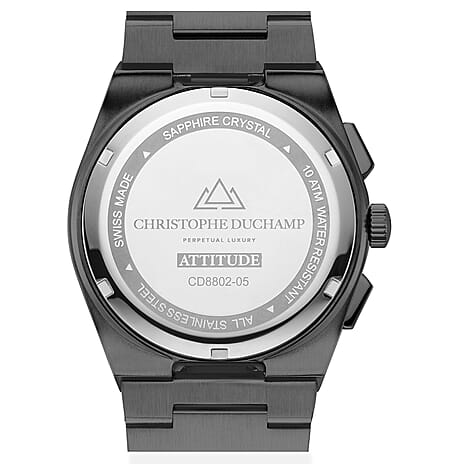 CHRISTOPHE DUCHAMP Attitude Chrono Swiss Quartz 10ATM WR Black Dial - Black Case Mens Watch with Black Stainless Steel Chain Strap