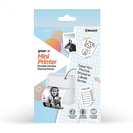 Groov-e Mini Wireless Thermal Printer - Portable 200 DPI Inkless Bluetooth Printer for iOS - Android, Includes 3 Paper Rolls - Rechargeable Battery