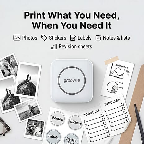 Groov-e Mini Wireless Thermal Printer - Portable 200 DPI Inkless Bluetooth Printer for iOS - Android, Includes 3 Paper Rolls - Rechargeable Battery