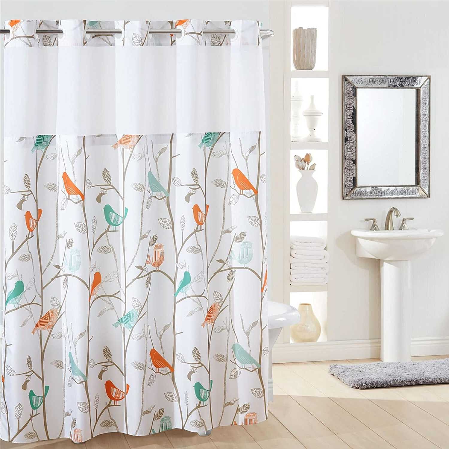 Bird Patterned Shower Curtain (180 x 188 cm) - White with Multi Colour