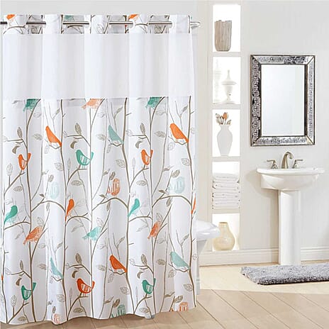 Bird Patterned Shower Curtain (180 x 188 cm) - White with Multi Colour