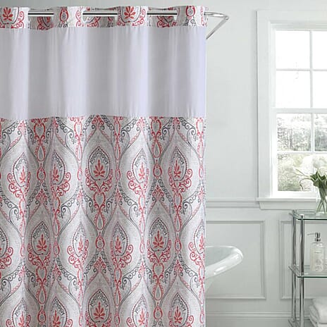 Coral French Damask Shower Curtain (180 x 188 cm) - White, Red - Multi Colour
