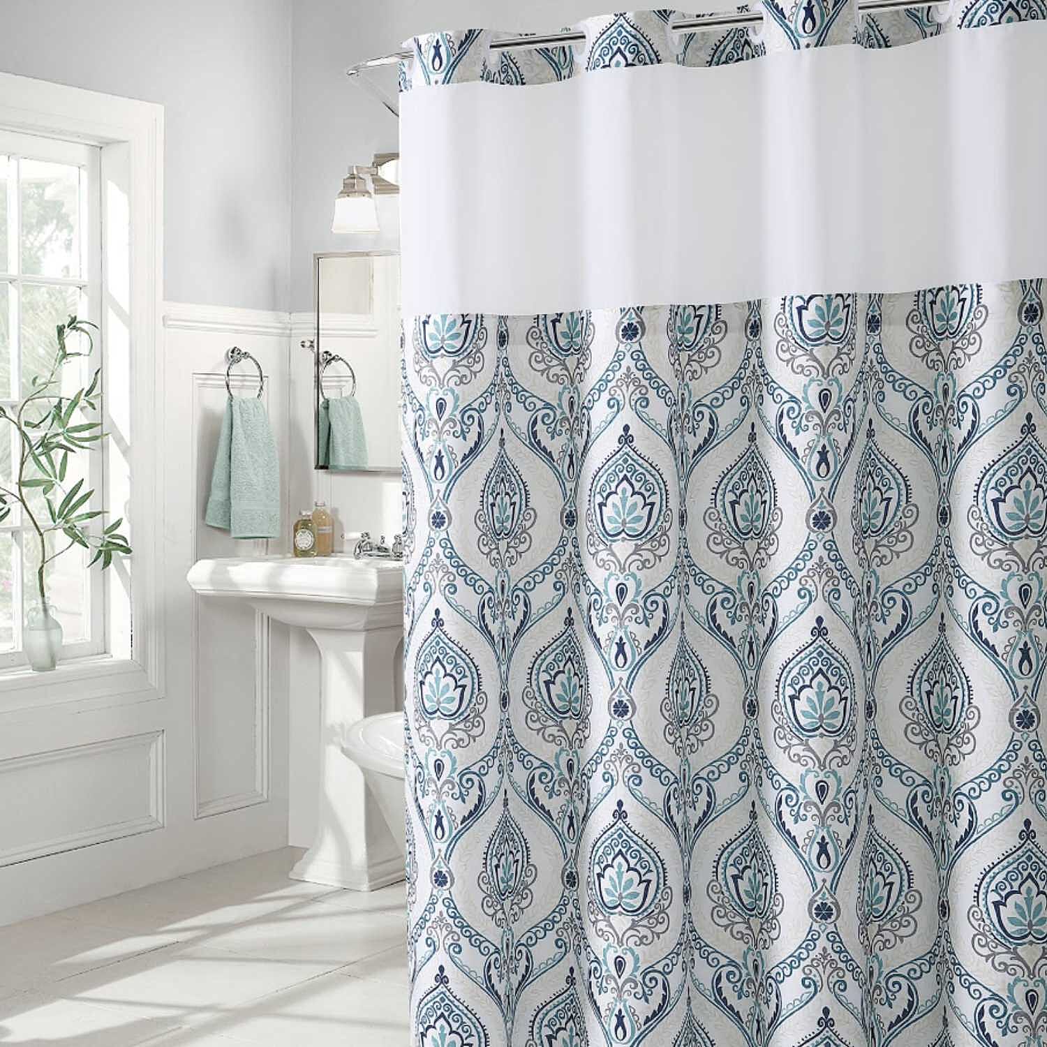 Blue French Damask Fabric Shower Curtain (180 x 188 cm) - White Grey with Multi Colour Print
