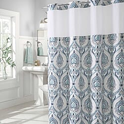 Blue French Damask Fabric Shower Curtain (180 x 188 cm) - White Grey with Multi Colour Print