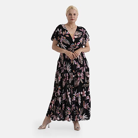 - Maisi Smocked Waist Floral Print Flutter Sleeve Maxi Dress with Pockets (One Size) - Multicolour
