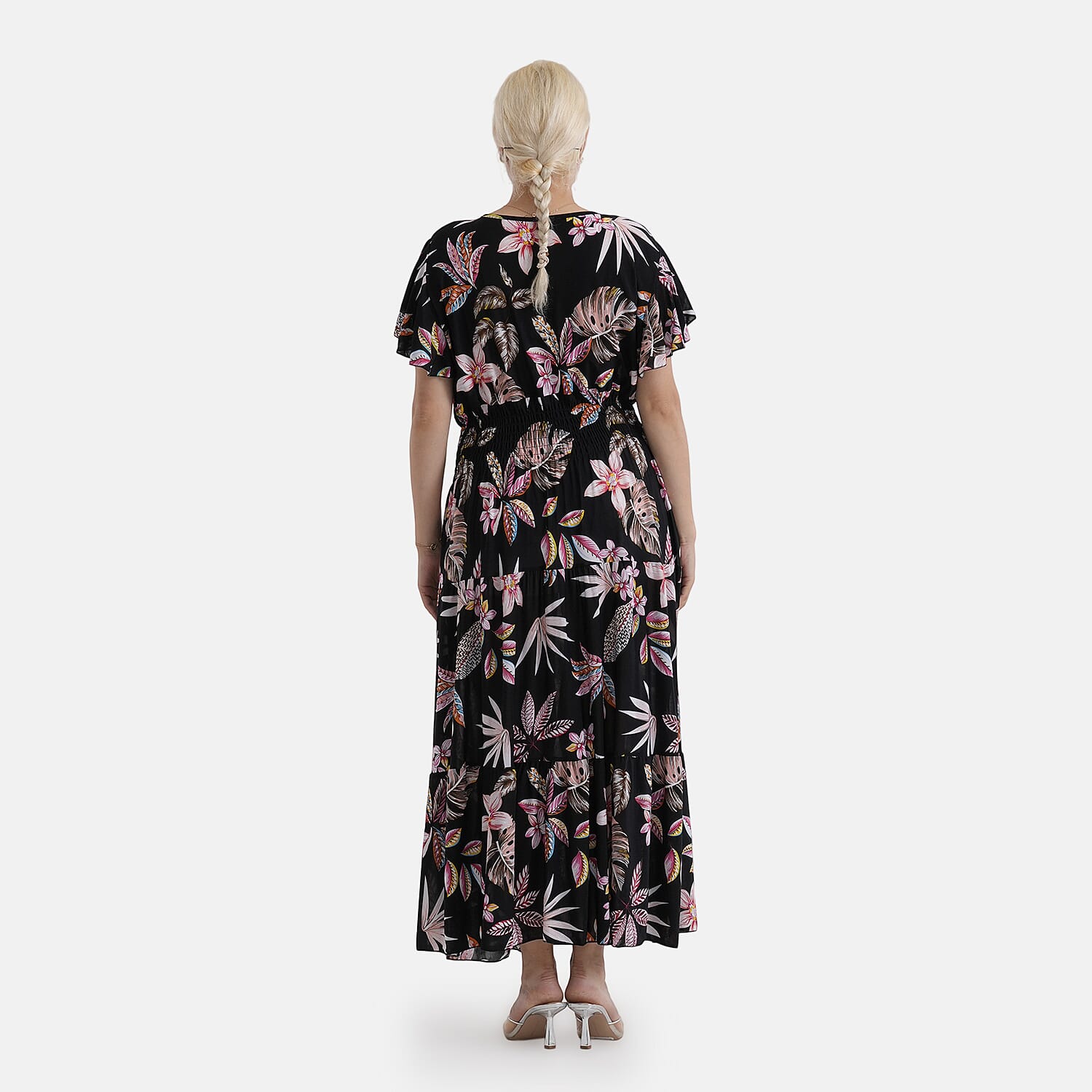 - Maisi Smocked Waist Floral Print Flutter Sleeve Maxi Dress with Pockets (One Size) - Multicolour