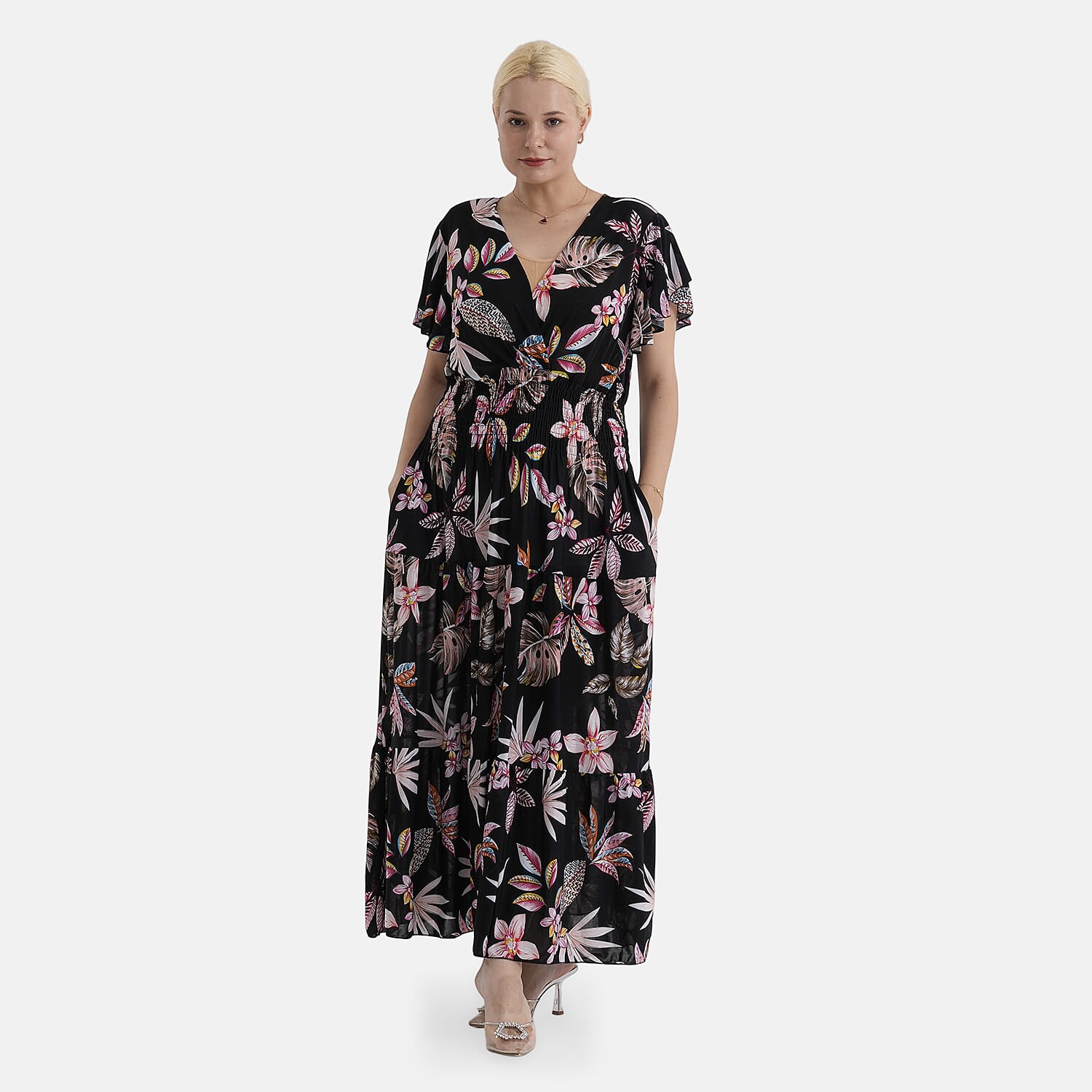 - Maisi Smocked Waist Floral Print Flutter Sleeve Maxi Dress with Pockets (One Size) - Multicolour