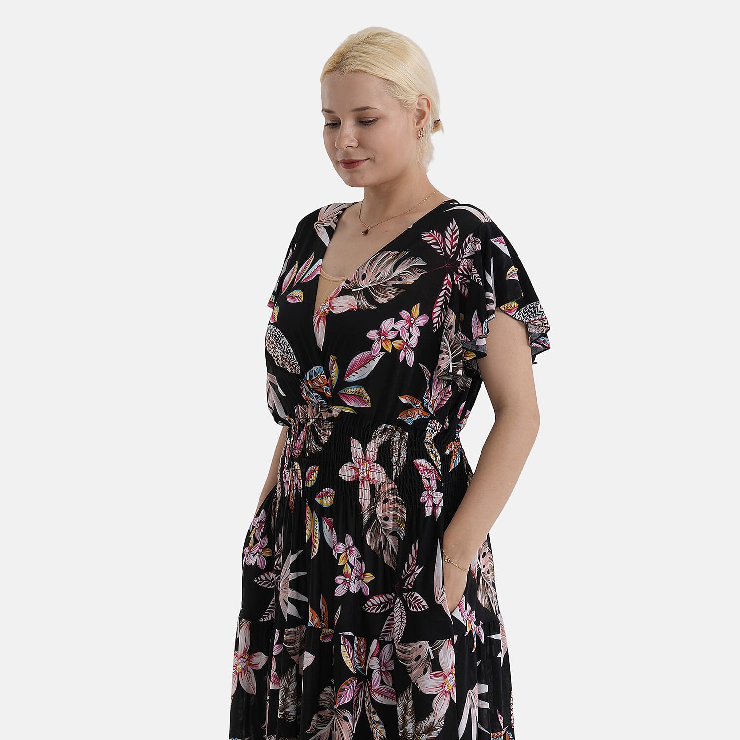 - Maisi Smocked Waist Floral Print Flutter Sleeve Maxi Dress with Pockets (One Size) - Multicolour