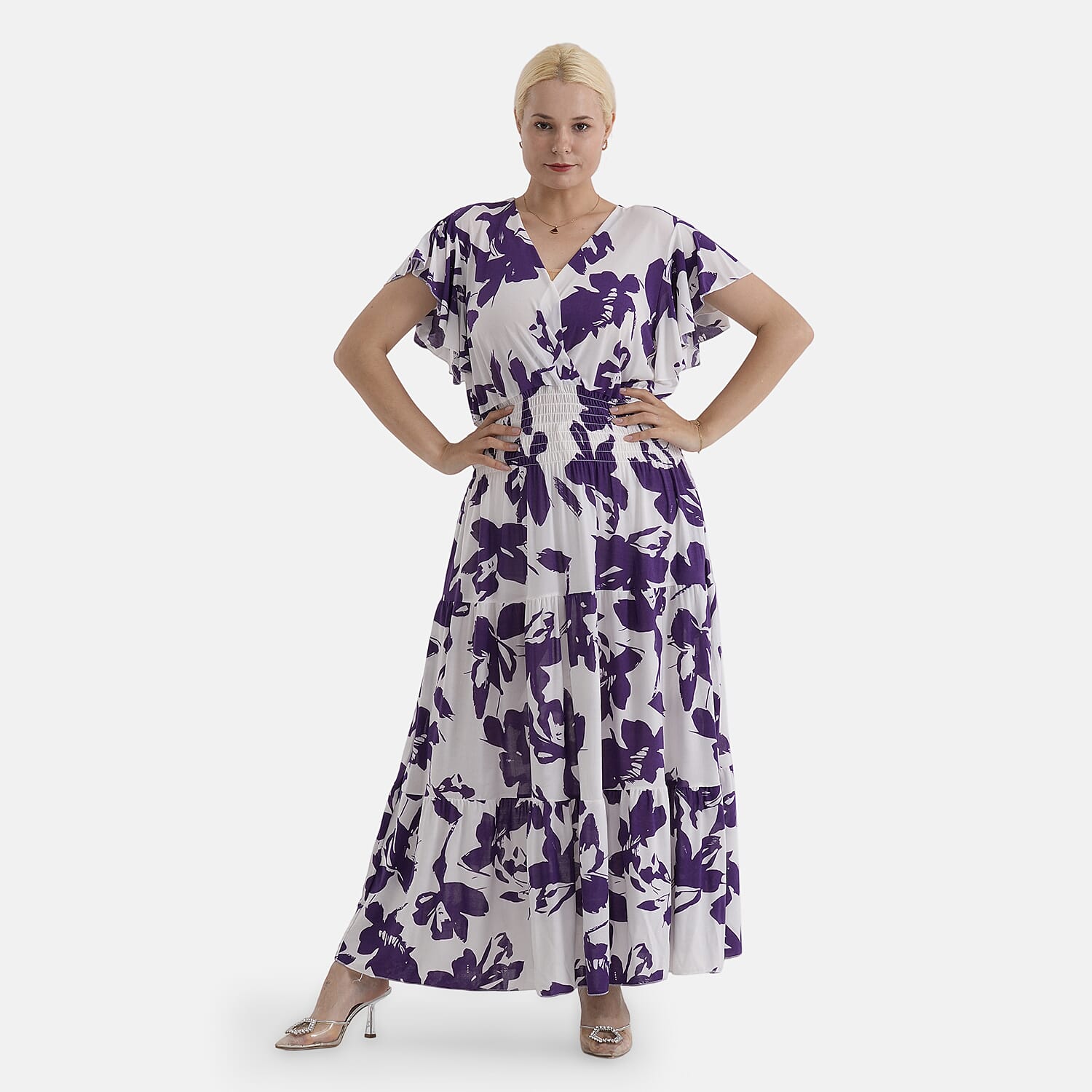 - Maisi Smocked Waist Floral Print Flutter Sleeve Maxi Dress with Pockets (One Size) - Cream Floral
