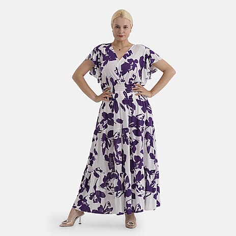 - Maisi Smocked Waist Floral Print Flutter Sleeve Maxi Dress with Pockets (One Size) - Cream Floral