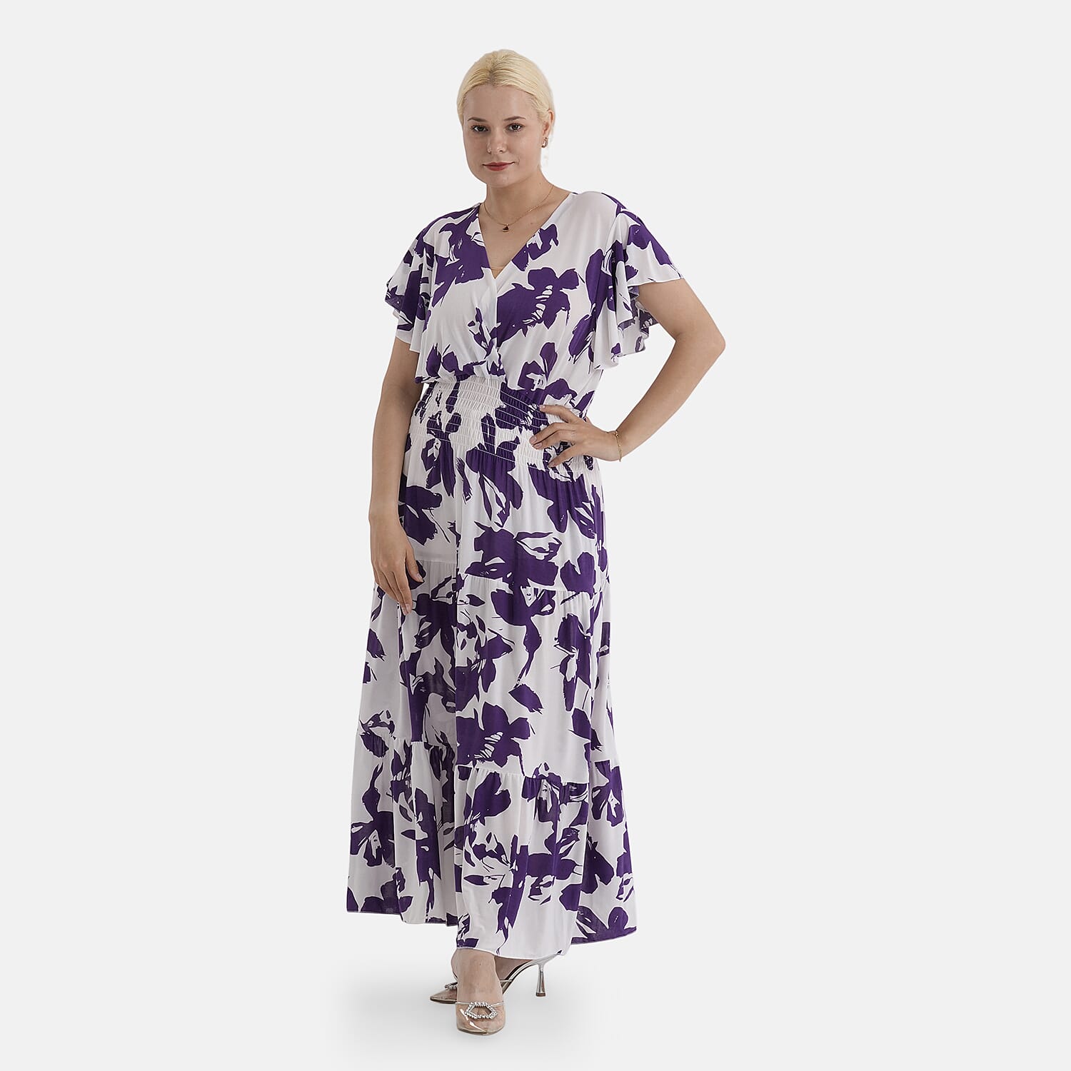 - Maisi Smocked Waist Floral Print Flutter Sleeve Maxi Dress with Pockets (One Size) - Cream Floral