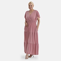 - Maisi Smocked-Waist Flutter Sleeve Maxi Dress with Pockets (One Size) - Peachy Pink