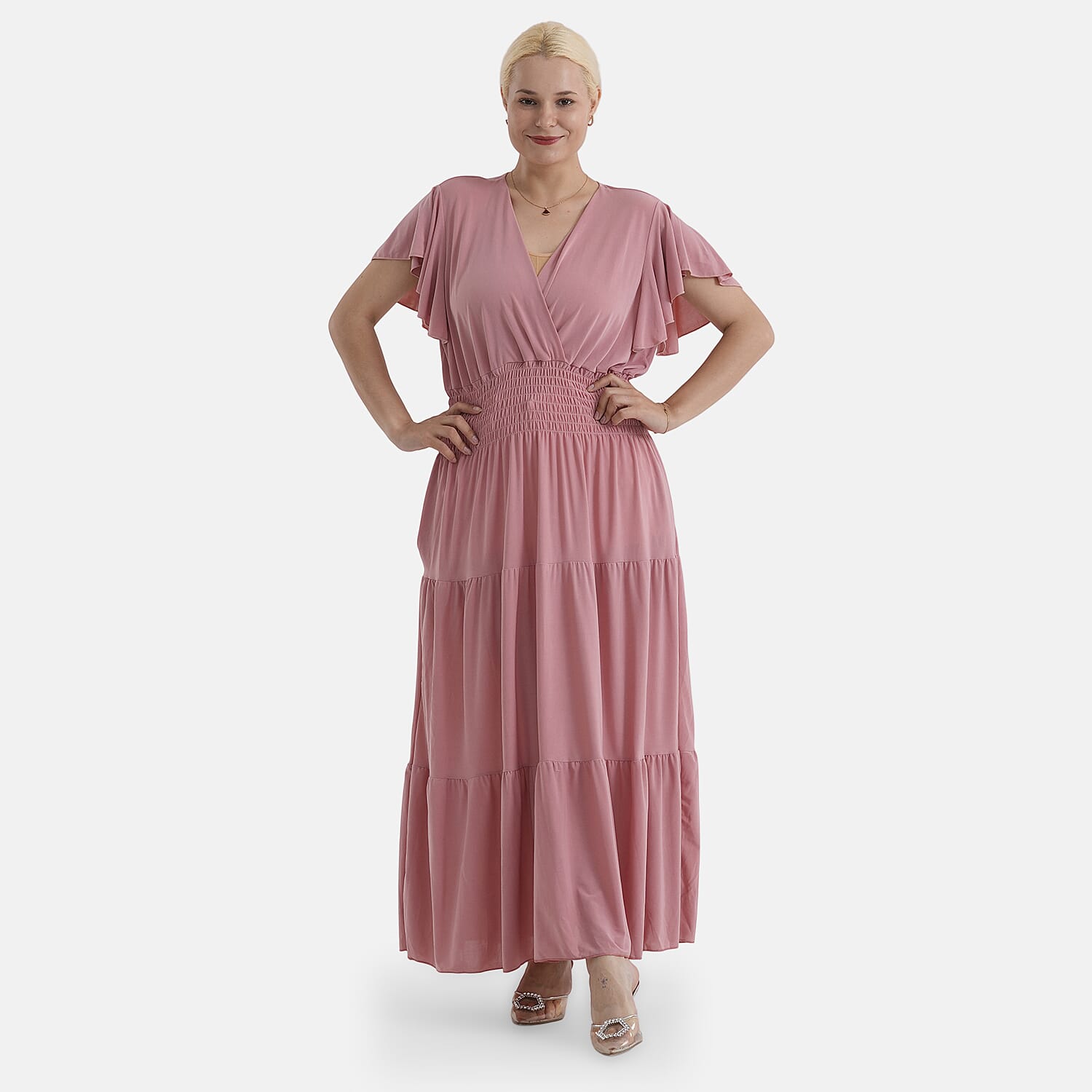 - Maisi Smocked-Waist Flutter Sleeve Maxi Dress with Pockets (One Size) - Peachy Pink