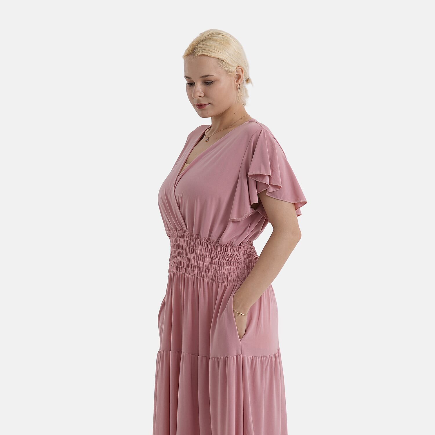 - Maisi Smocked-Waist Flutter Sleeve Maxi Dress with Pockets (One Size) - Peachy Pink