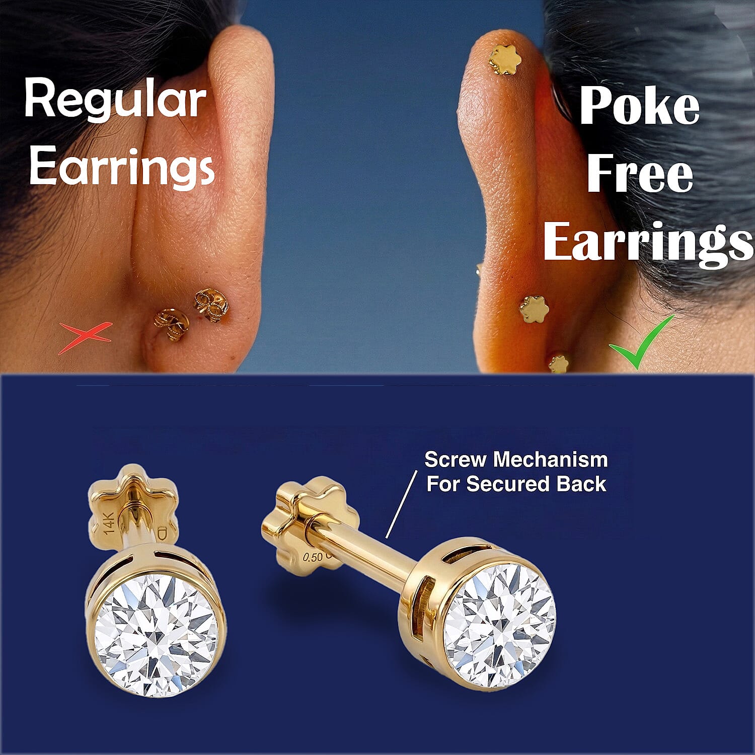 Luxuriant SI-GH Lab Grown Diamond Solitaire Stud Screw Back Earring in 18K Vermeil Yellow Gold Plated Sterling Silver 1.02 Ct.