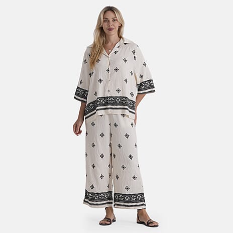 La Marey Placement Print Long-Sleeve Shirt (Size S-M, 8 To 14) - Cream & Black