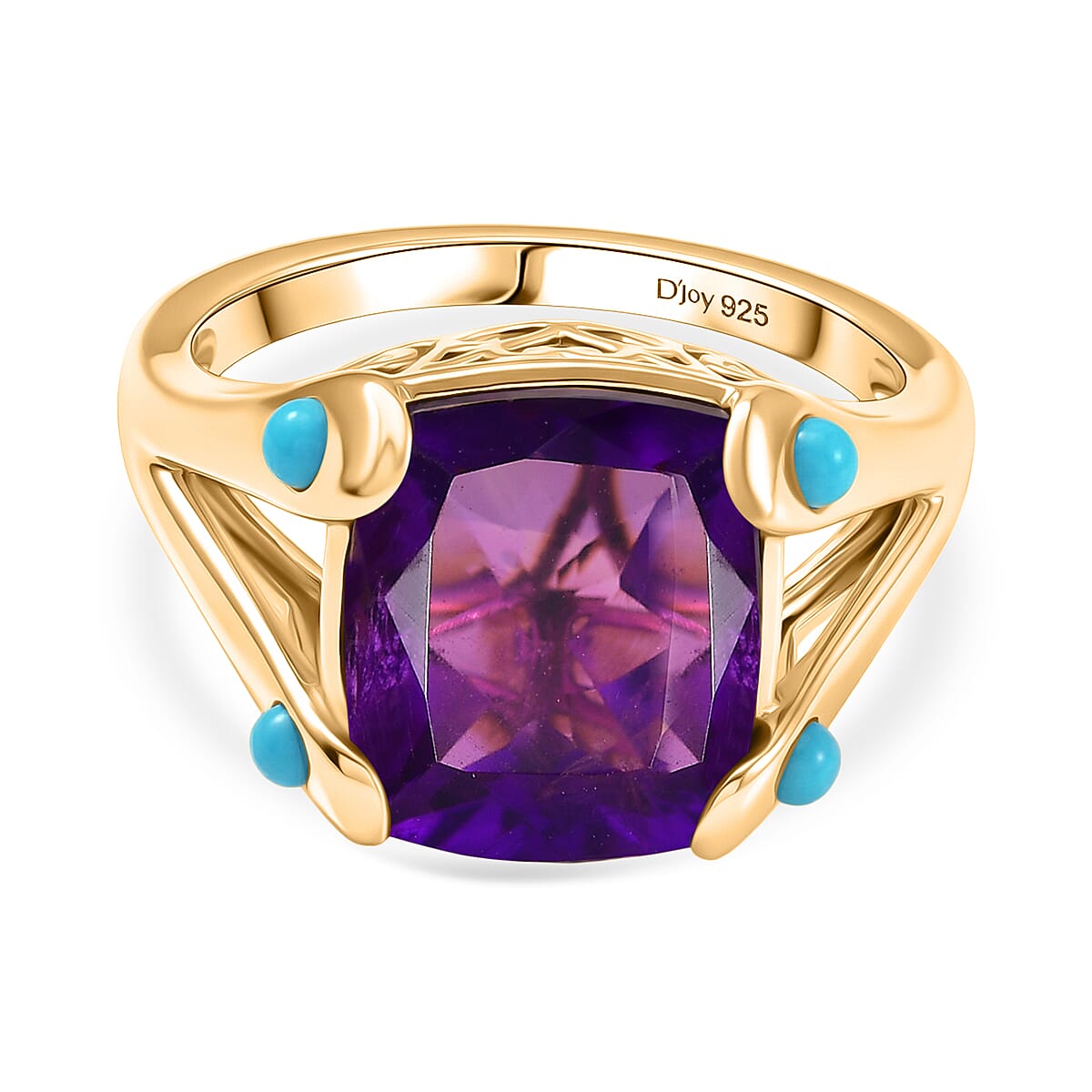D'Joy African Amethyst & Sleeping Beauty Turquoise Cushion-Cut Solitaire Ring in Yellow Gold Plated Sterling Silver 5.51 Ct.