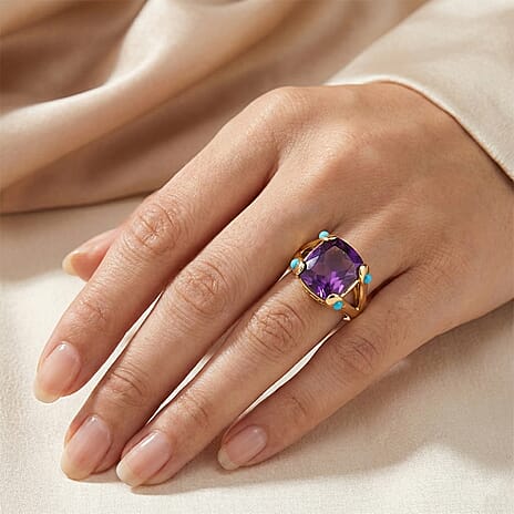 D'Joy African Amethyst & Sleeping Beauty Turquoise Cushion-Cut Solitaire Ring in Yellow Gold Plated Sterling Silver 5.51 Ct.