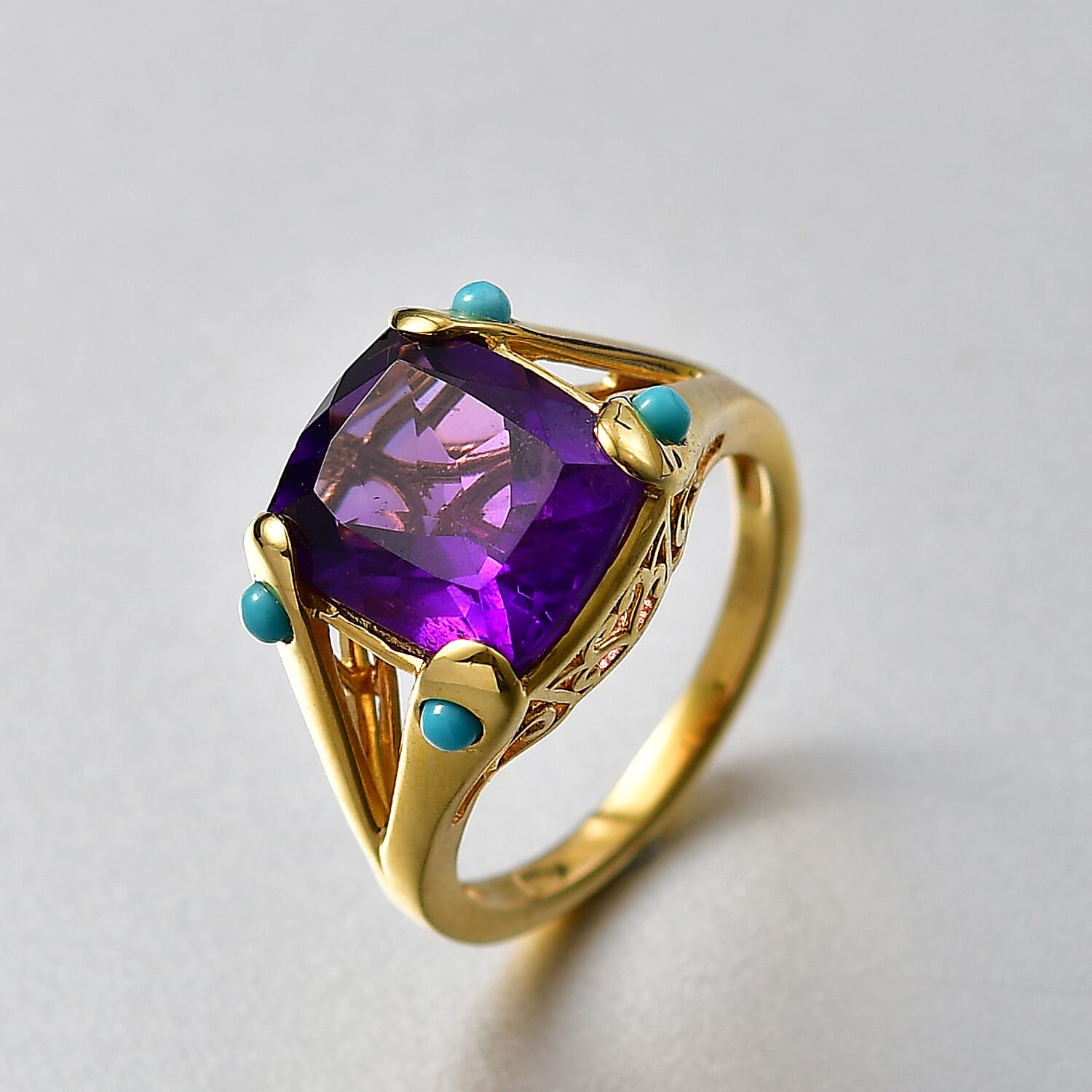 D'Joy African Amethyst & Sleeping Beauty Turquoise Cushion-Cut Solitaire Ring in Yellow Gold Plated Sterling Silver 5.51 Ct.