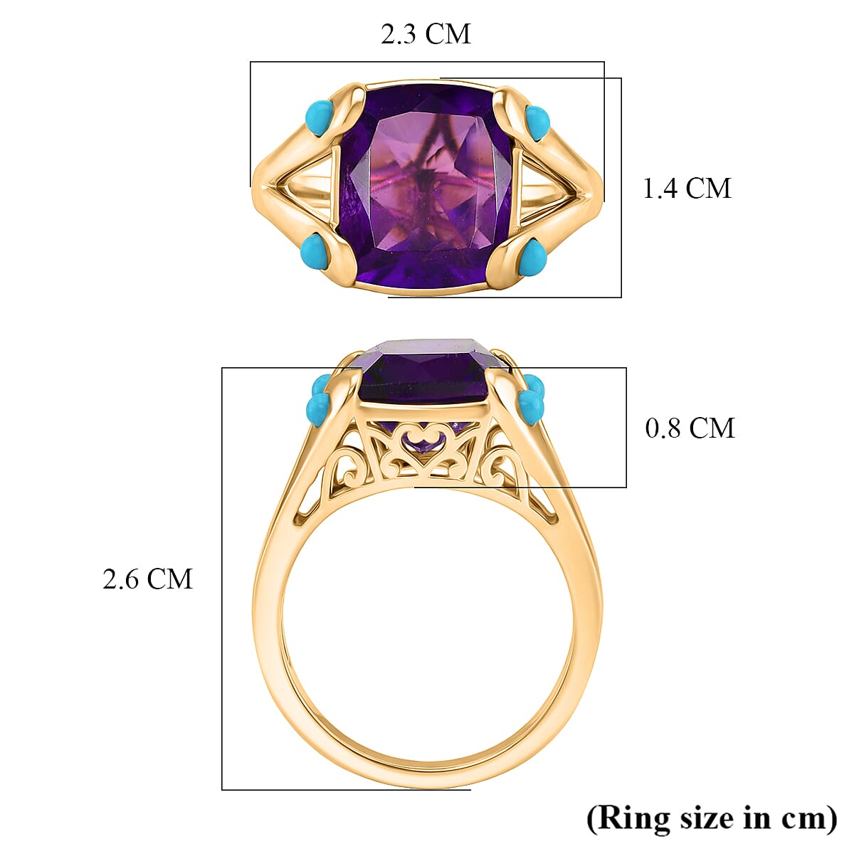 D'Joy African Amethyst & Sleeping Beauty Turquoise Cushion-Cut Solitaire Ring in Yellow Gold Plated Sterling Silver 5.51 Ct.