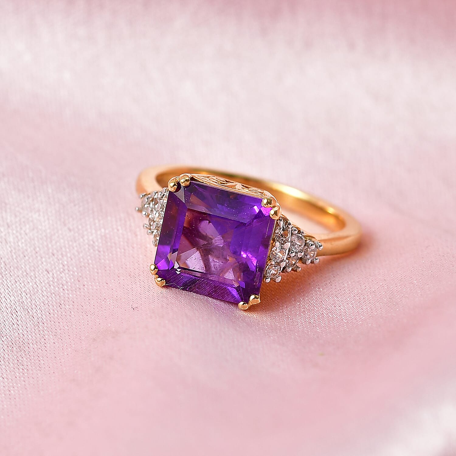 D'Joy African Amethyst, White Zircon Main Stone With Side Stone Ring Sterling Silver  3.461  Ct.