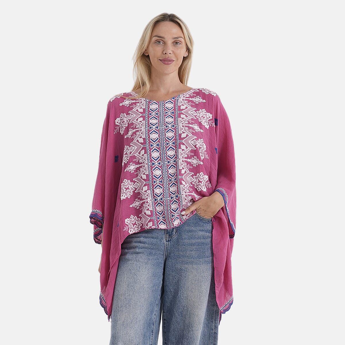 La Marey Full Embroidery Kaftan Top (One Size) - Pink