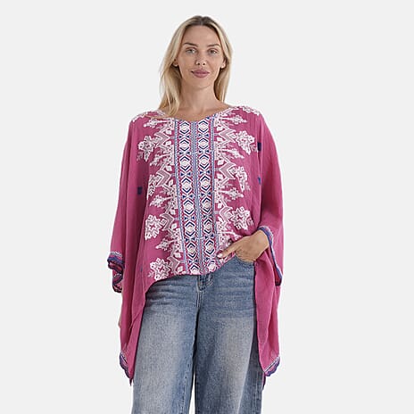 La Marey Full Embroidery Kaftan Top (One Size) - Pink