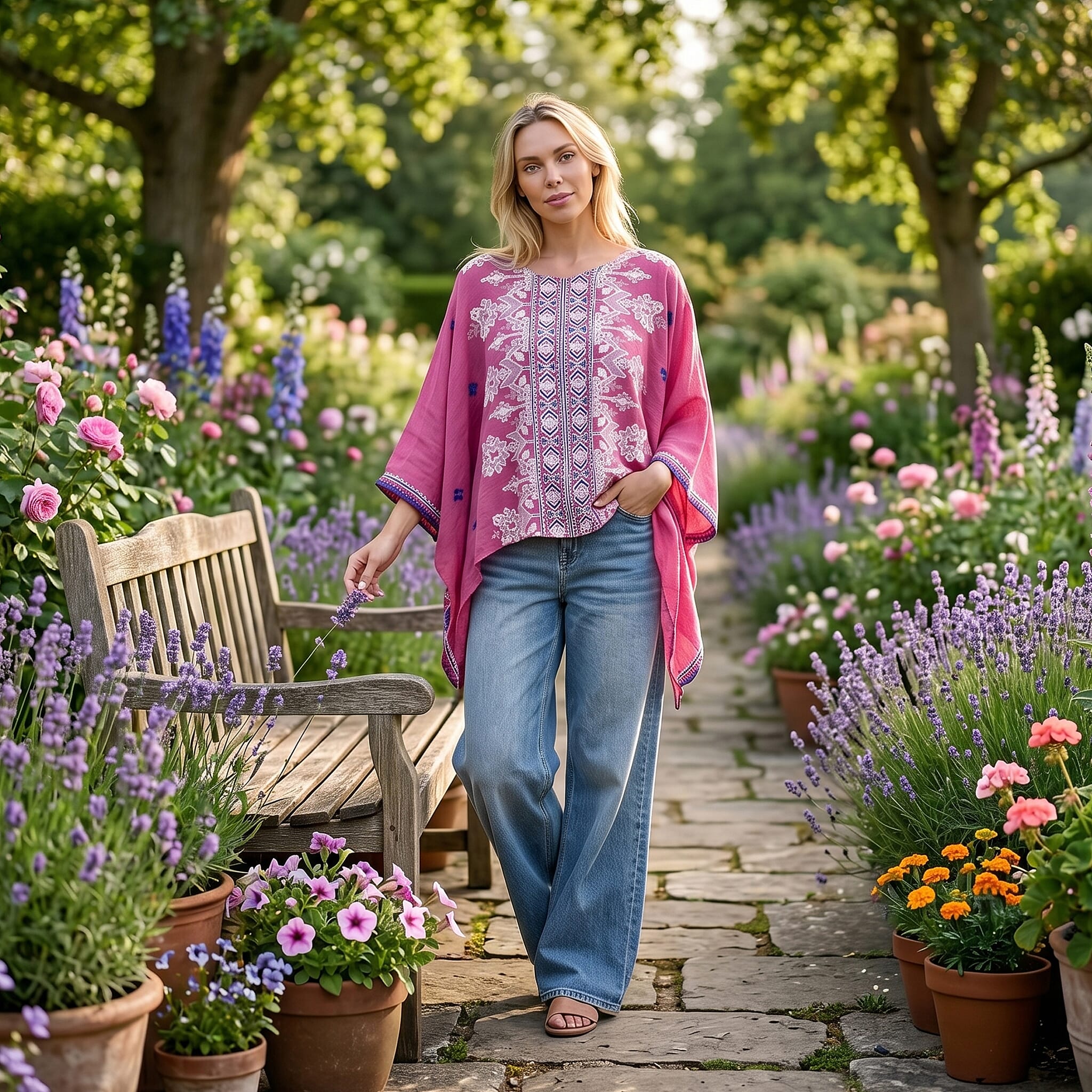 La Marey Full Embroidery Kaftan Top (One Size) - Pink