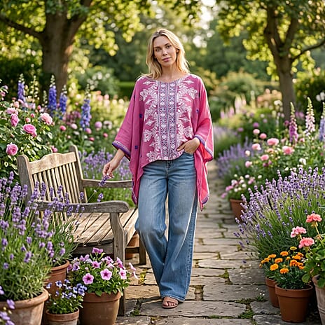 La Marey Full Embroidery Kaftan Top (One Size) - Pink