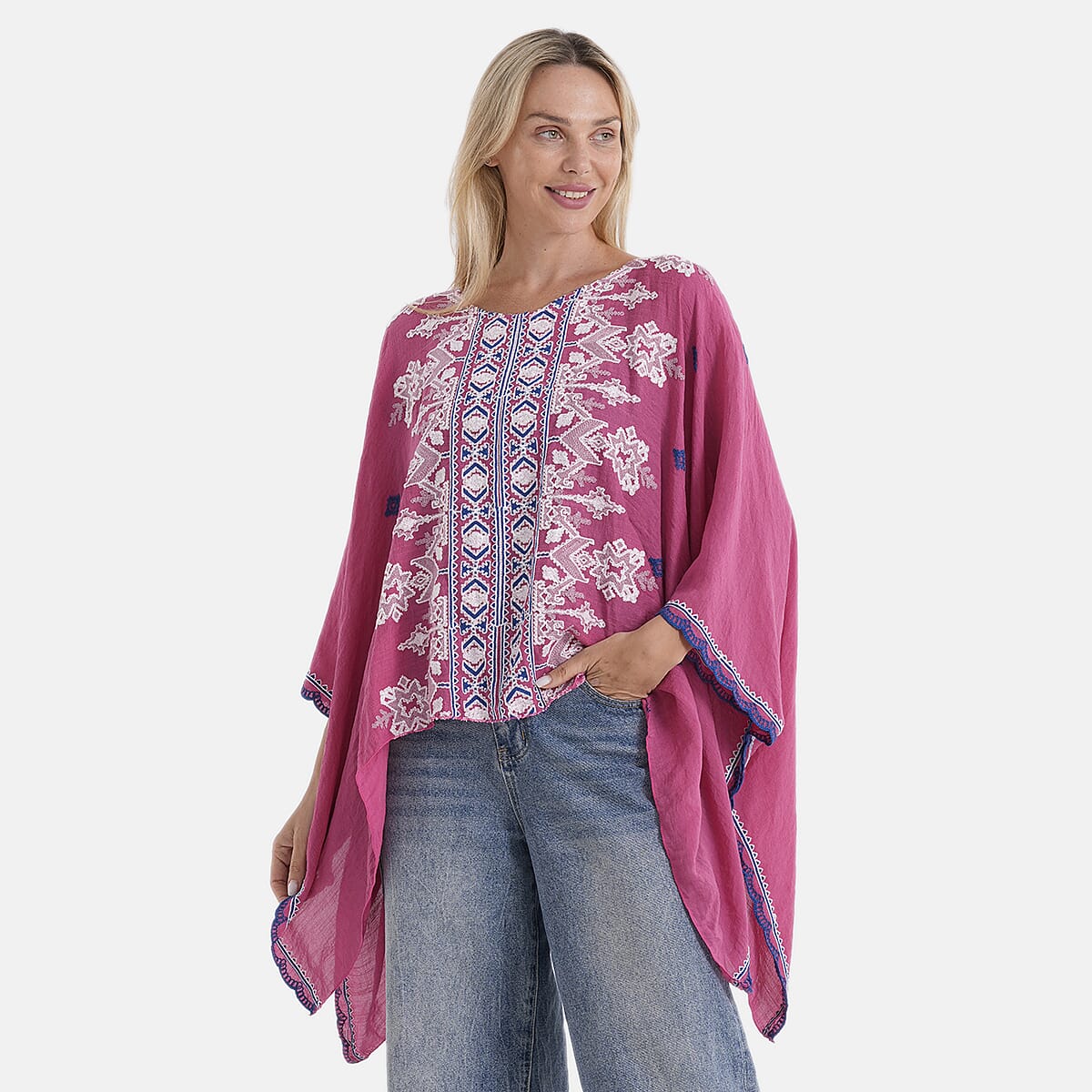 La Marey Full Embroidery Kaftan Top (One Size) - Pink