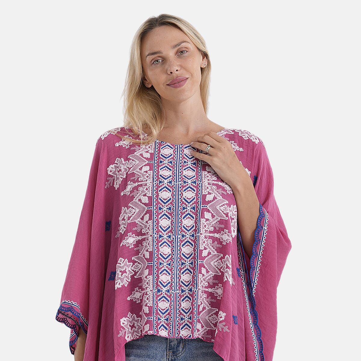 La Marey Full Embroidery Kaftan Top (One Size) - Pink