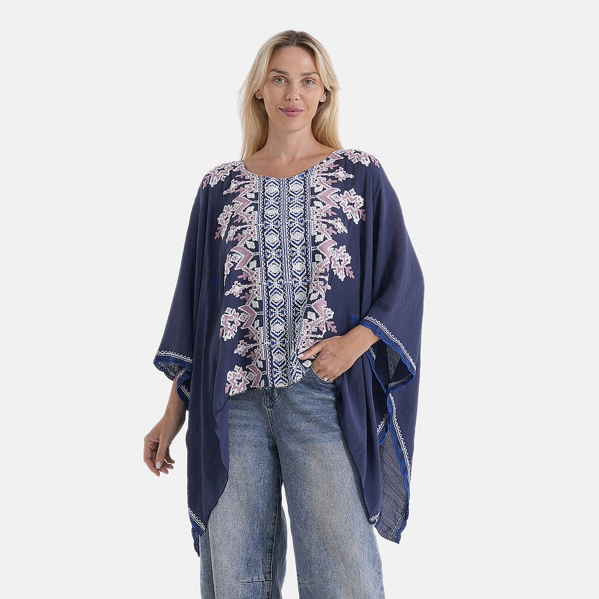 La Marey Full Embroidery Kaftan Top (One Size) - Blue