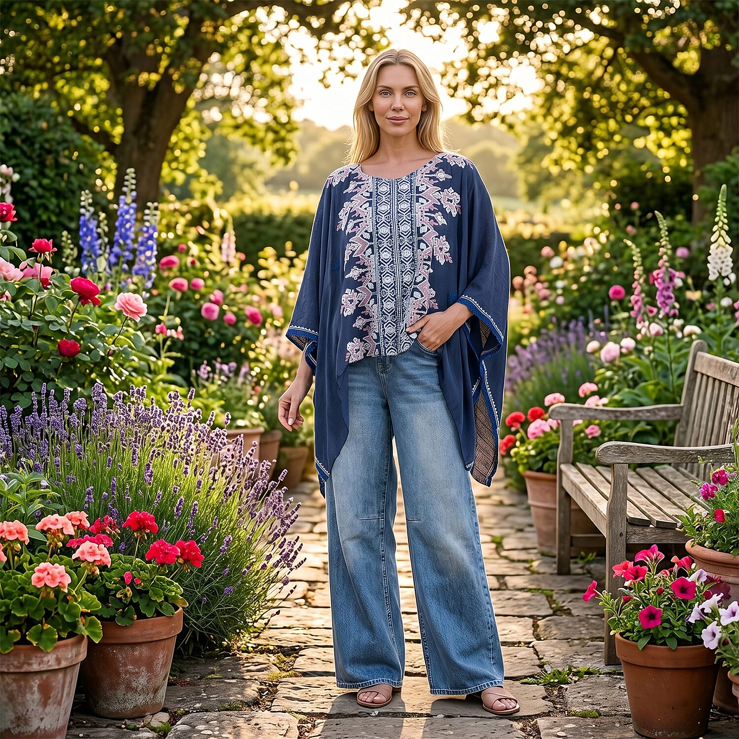 La Marey Full Embroidery Kaftan Top (One Size) - Blue