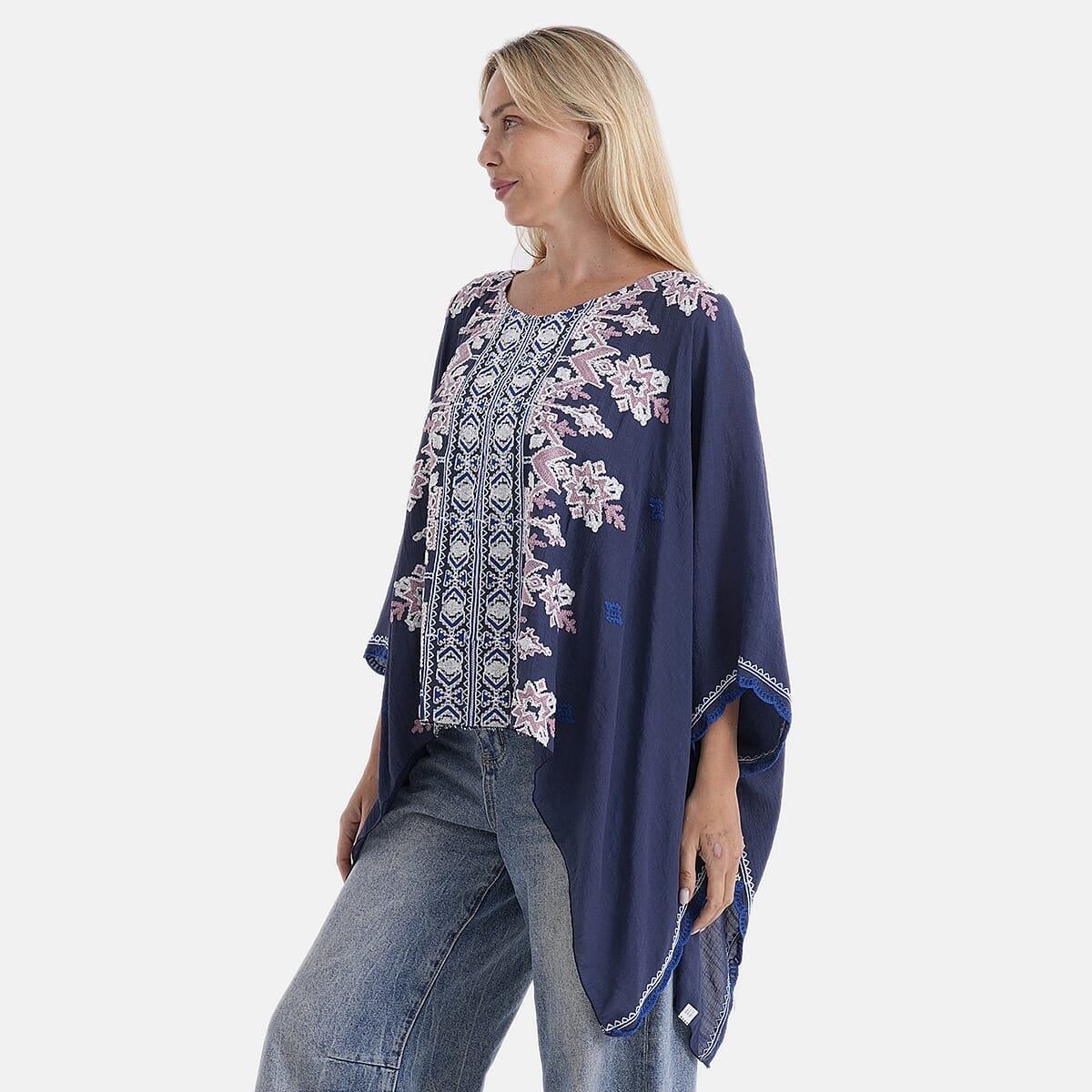 La Marey Full Embroidery Kaftan Top (One Size) - Blue