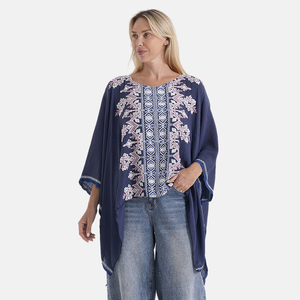 La Marey Full Embroidery Kaftan Top (One Size) - Blue