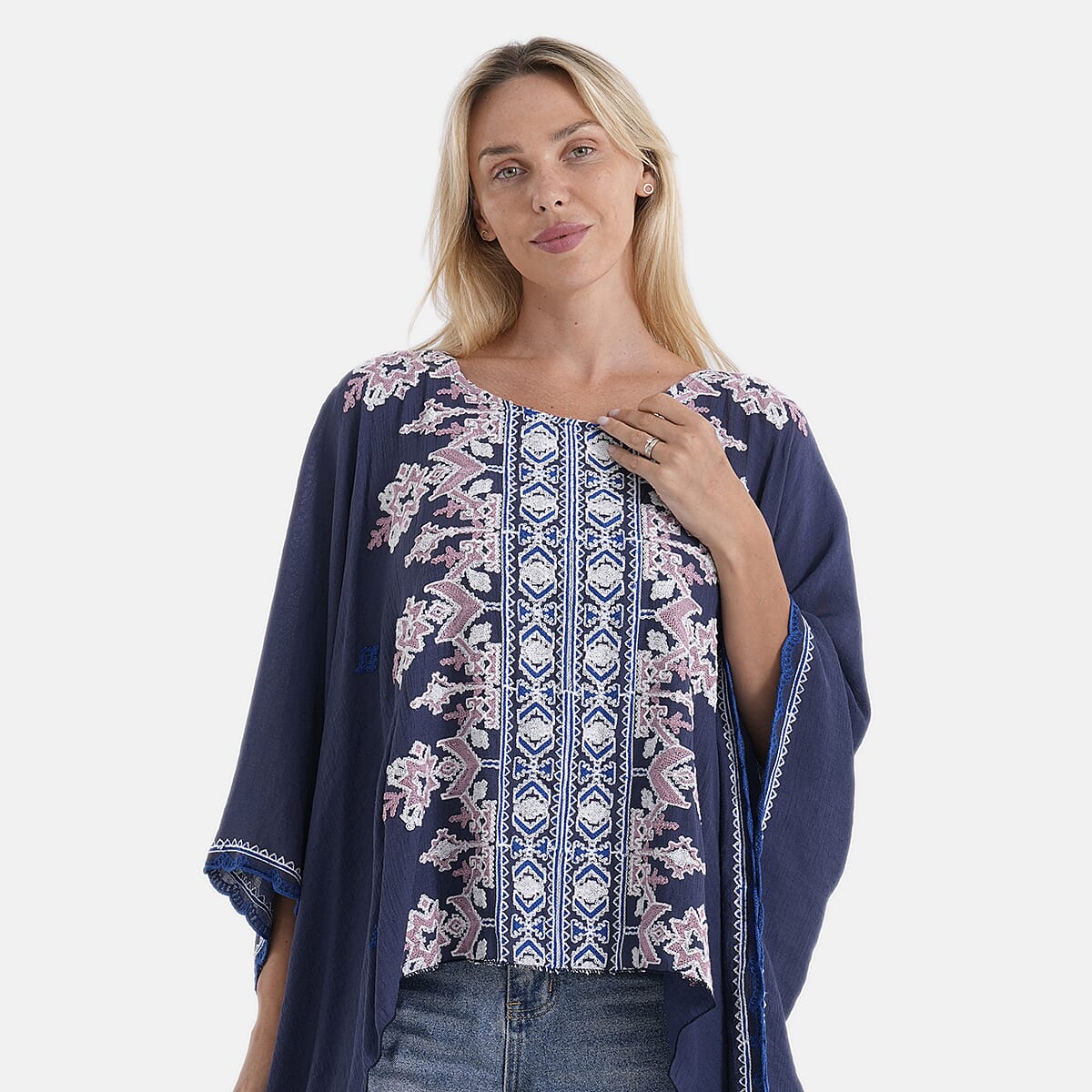 La Marey Full Embroidery Kaftan Top (One Size) - Blue
